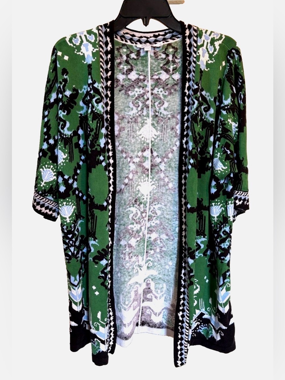 Chico’s Size 1 M Green Black Open Front Kimono Cardigan Linen Cotton